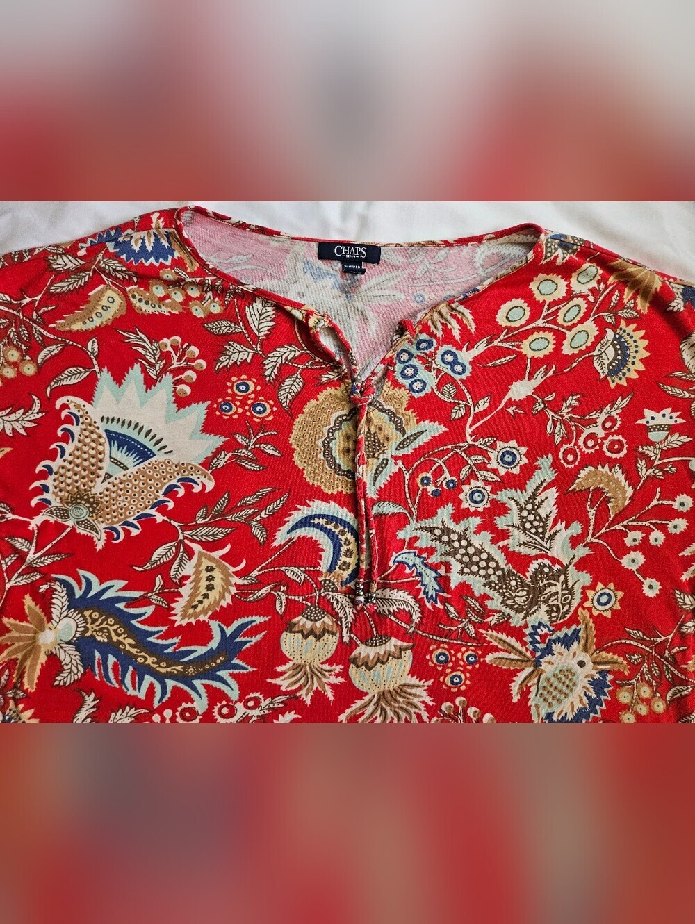 Chaps Denim Womens Red Paisley And Floral Short Sleeve Boxy Fit Top Size XL - Picture 3 of 15